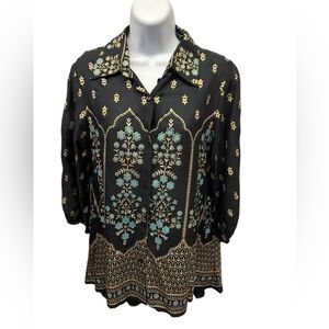 Vintage-Inspired Floral Border Print Blouse in Black with Turquoise    TURQ01